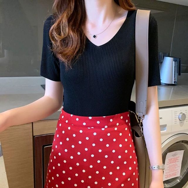 DADUHEY Plus Size Knitted V-Neck Top Women | Slim Short Sleeve