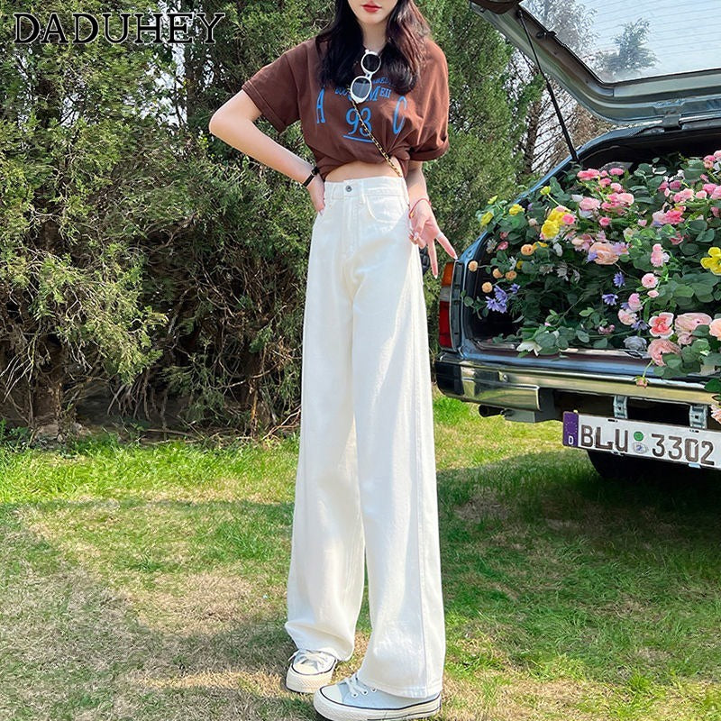 Daduhey Denim Wide Leg High Waist Mopping Straight Long Jeans Pants