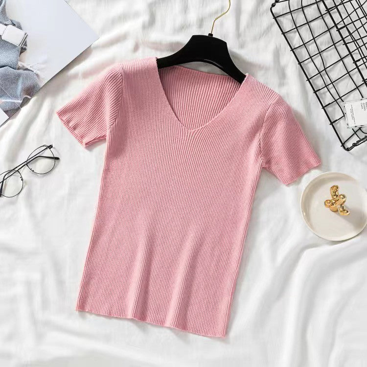 DADUHEY Plus Size Knitted V-Neck Top Women | Slim Short Sleeve