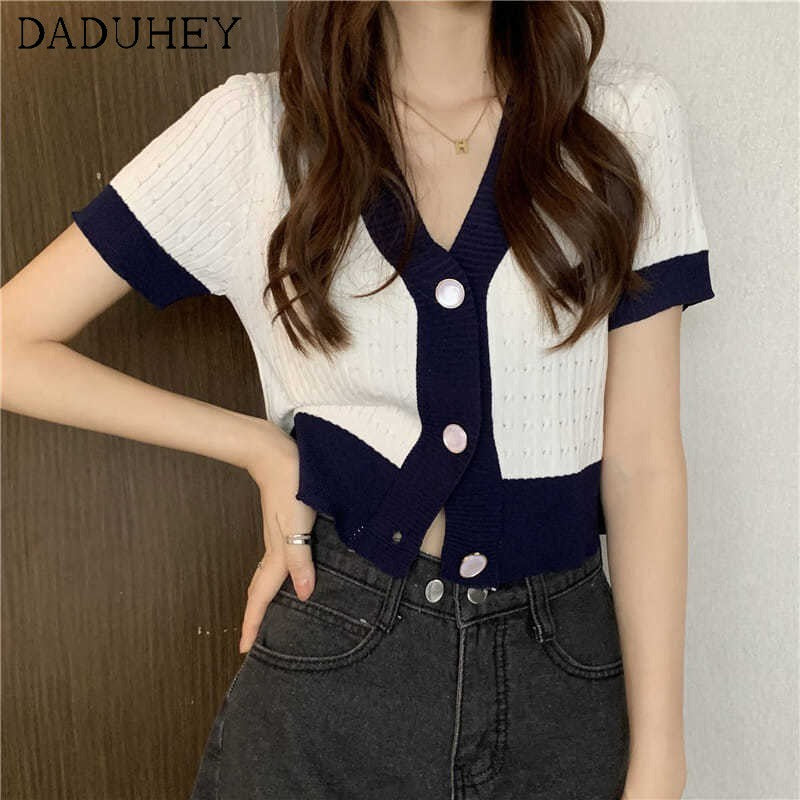 DADUHEY V-Neck Short-Sleeve Knitted T-Shirt Women
