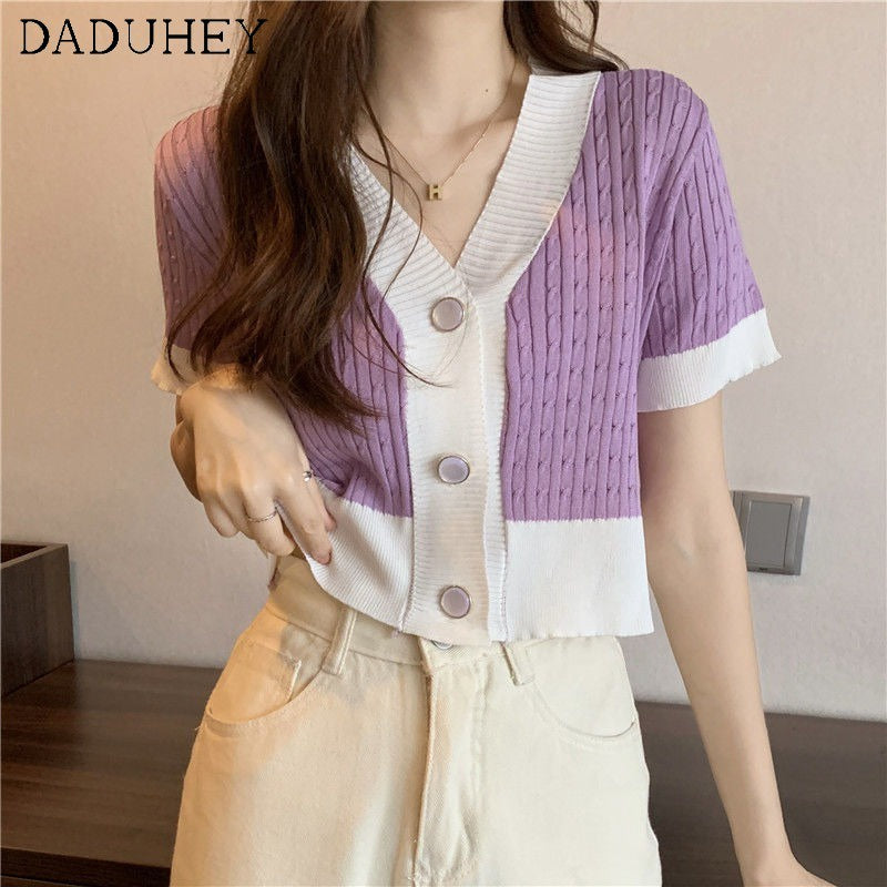 DADUHEY V-Neck Short-Sleeve Knitted T-Shirt Women