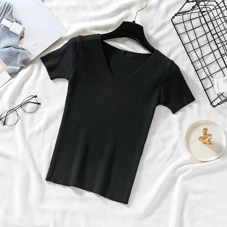 DADUHEY Plus Size Knitted V-Neck Top Women | Slim Short Sleeve