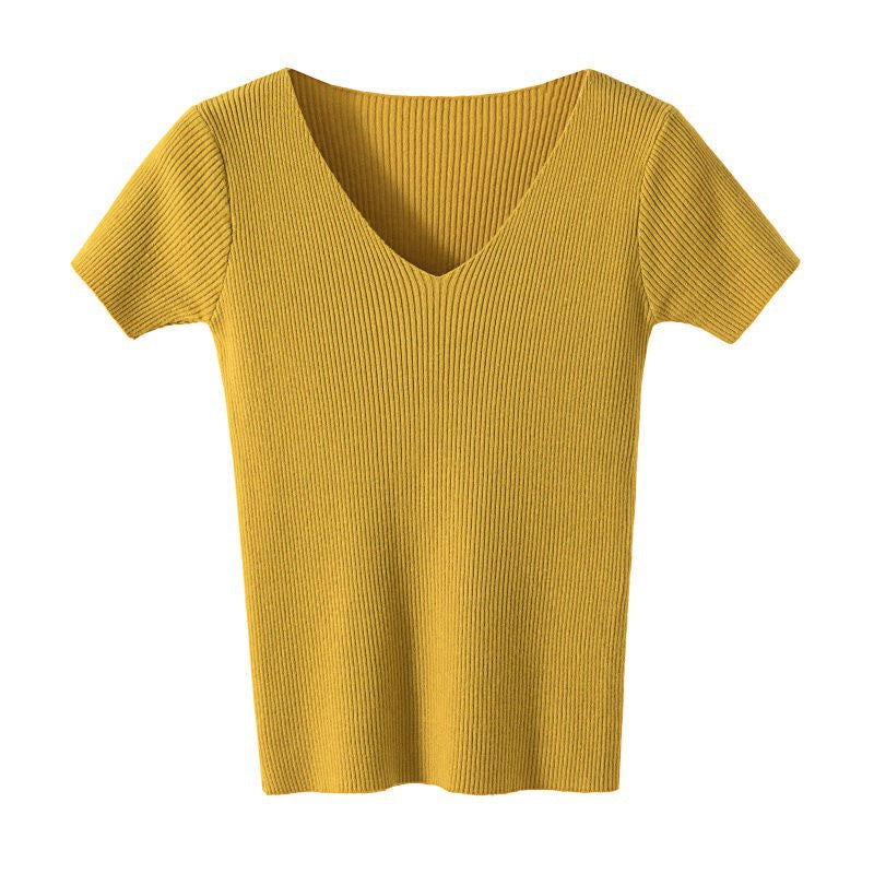 DADUHEY Plus Size Knitted V-Neck Top Women | Slim Short Sleeve