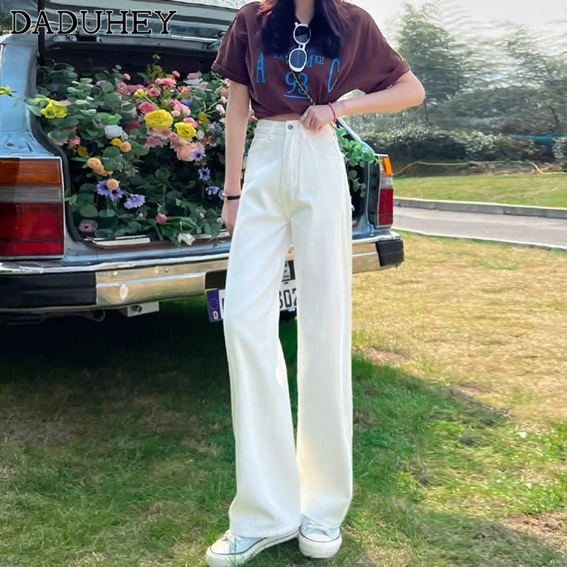 Daduhey Denim Wide Leg High Waist Mopping Straight Long Jeans Pants