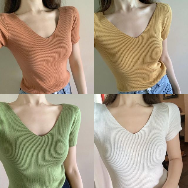DADUHEY Plus Size Knitted V-Neck Top Women | Slim Short Sleeve