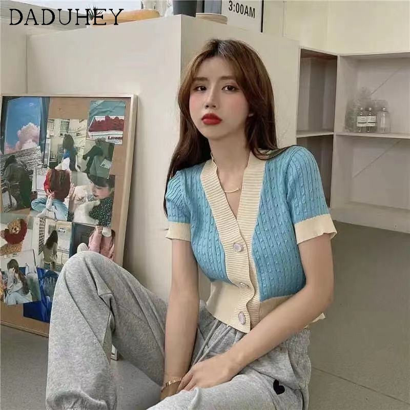 DADUHEY V-Neck Short-Sleeve Knitted T-Shirt Women