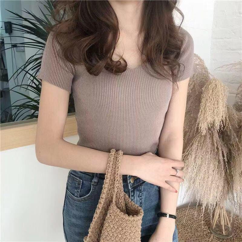 DADUHEY Plus Size Knitted V-Neck Top Women | Slim Short Sleeve