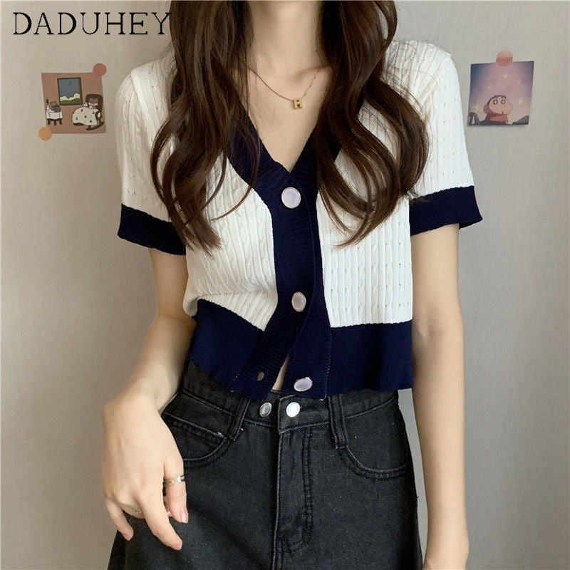 DADUHEY V-Neck Short-Sleeve Knitted T-Shirt Women