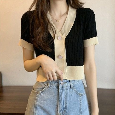 DADUHEY V-Neck Short-Sleeve Knitted T-Shirt Women