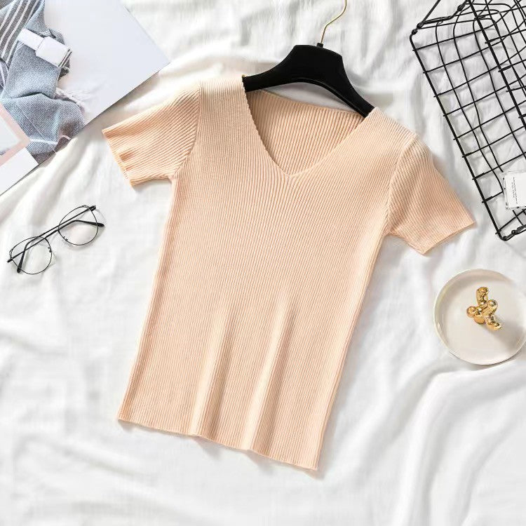 DADUHEY Plus Size Knitted V-Neck Top Women | Slim Short Sleeve