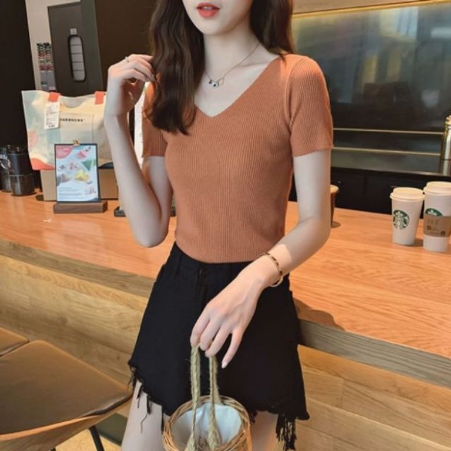 DADUHEY Plus Size Knitted V-Neck Top Women | Slim Short Sleeve