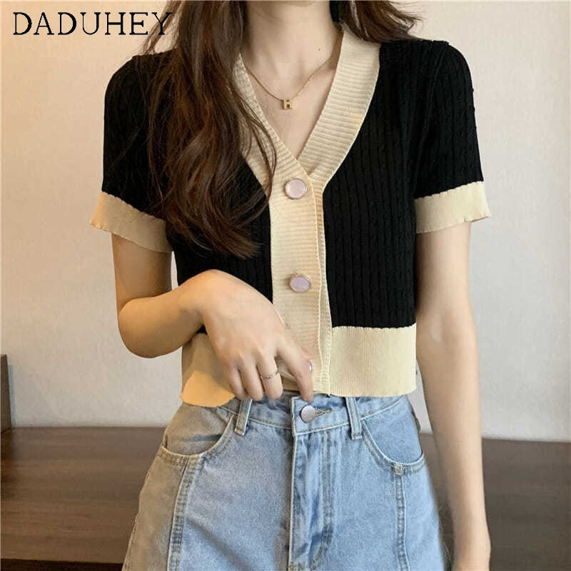 DADUHEY V-Neck Short-Sleeve Knitted T-Shirt Women