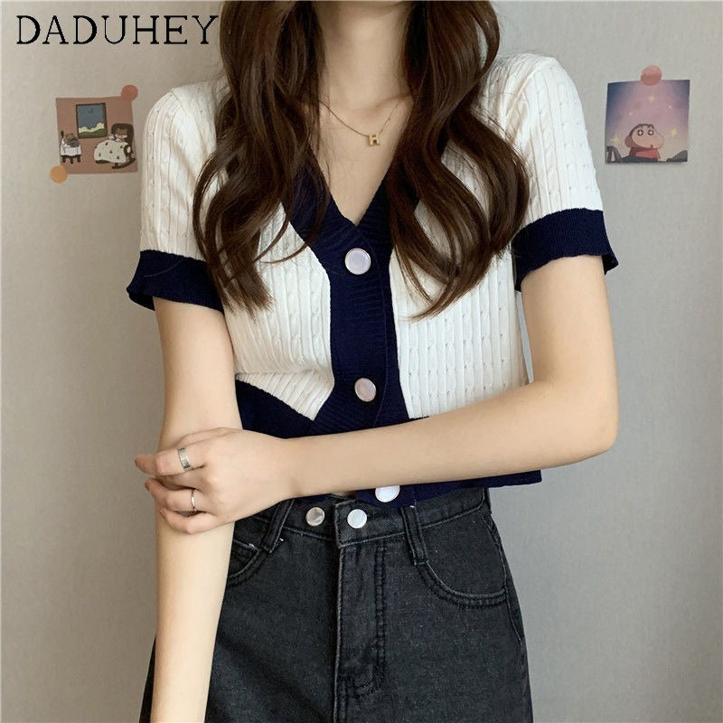 DADUHEY V-Neck Short-Sleeve Knitted T-Shirt Women