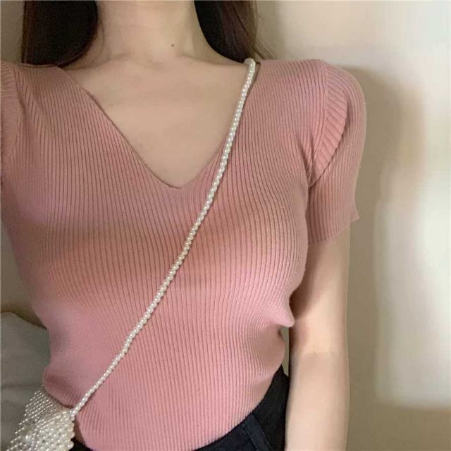 DADUHEY Plus Size Knitted V-Neck Top Women | Slim Short Sleeve