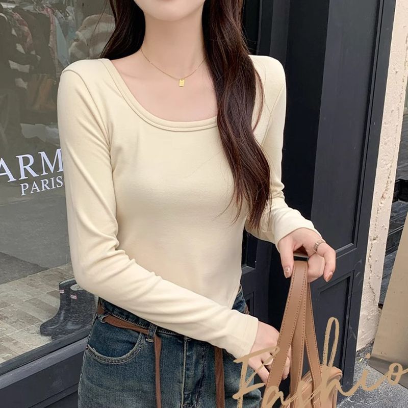 DADUHEY Velvet U-Neck Thermal Top Women | Warm Long Sleeve