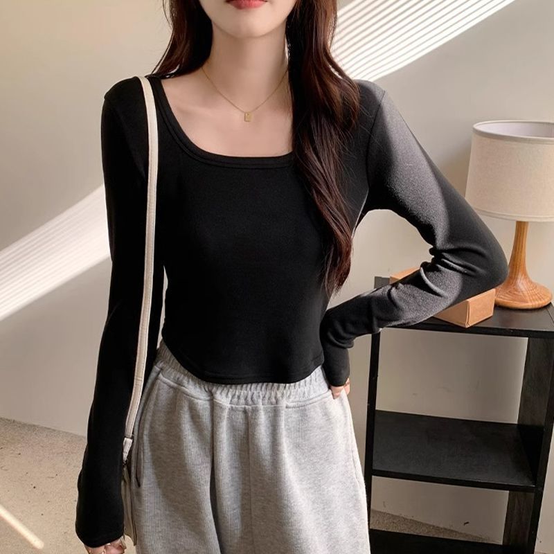DADUHEY Velvet U-Neck Thermal Top Women | Warm Long Sleeve