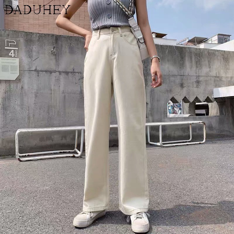 Daduhey Denim Wide Leg High Waist Mopping Straight Long Jeans Pants