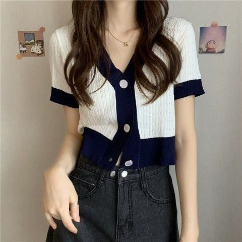 DADUHEY V-Neck Short-Sleeve Knitted T-Shirt Women