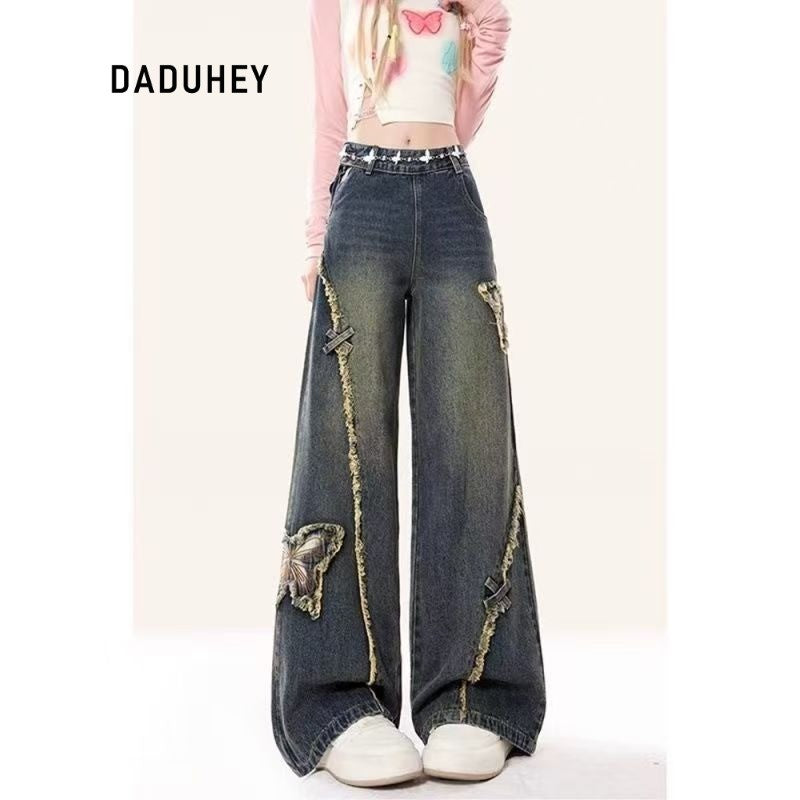 DADUHEY Vintage Butterfly Patch Wide-Leg Jeans Women | Frayed