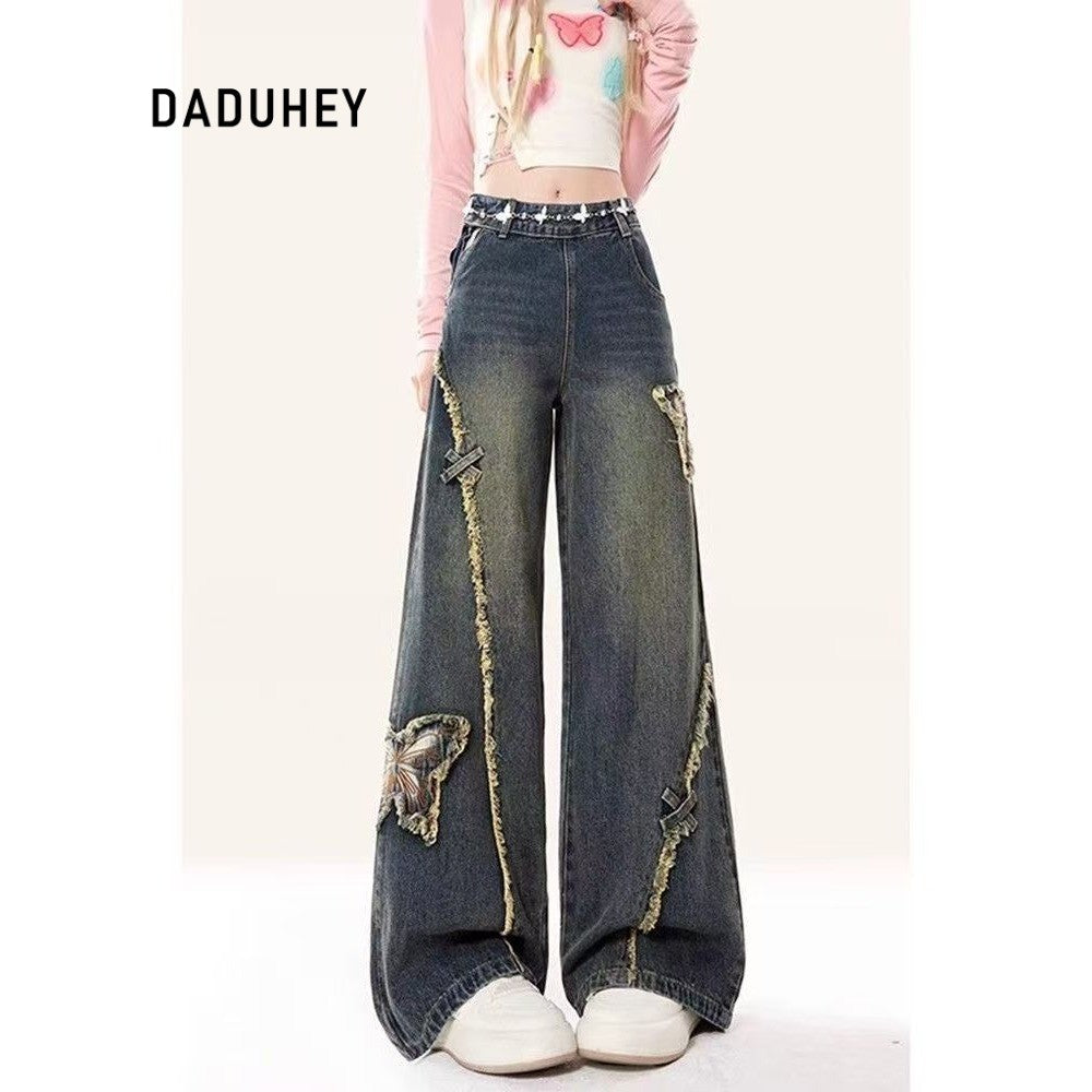DADUHEY Vintage Butterfly Patch Wide-Leg Jeans Women | Frayed