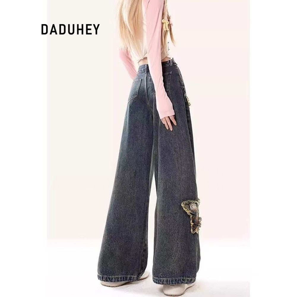 DADUHEY Vintage Butterfly Patch Wide-Leg Jeans Women | Frayed
