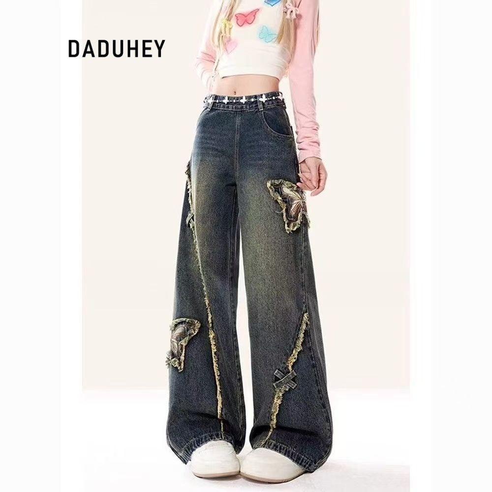 DADUHEY Vintage Butterfly Patch Wide-Leg Jeans Women | Frayed