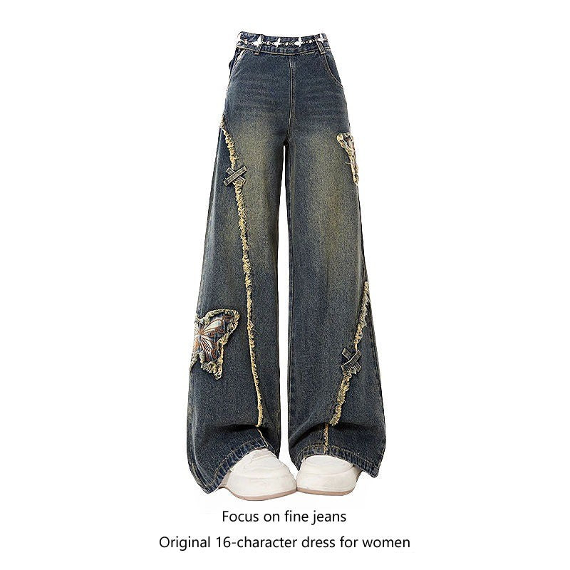 DADUHEY Vintage Butterfly Patch Wide-Leg Jeans Women | Frayed