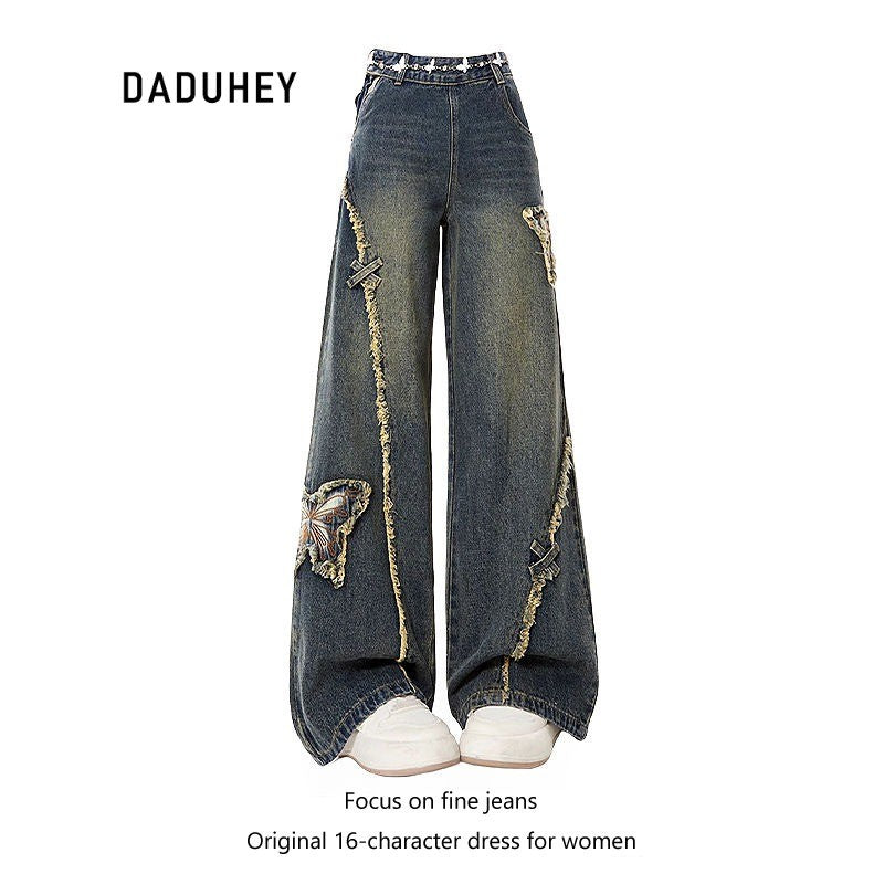 DADUHEY Vintage Butterfly Patch Wide-Leg Jeans Women | Frayed