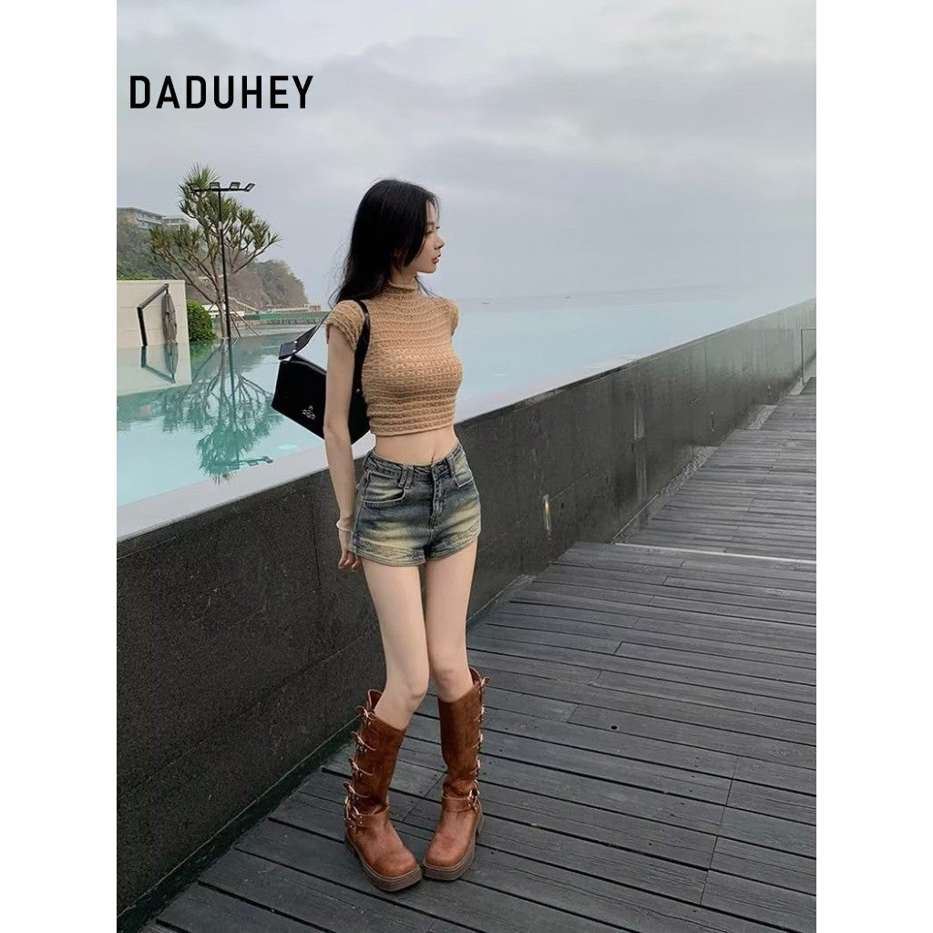 DADUHEY Retro Washed A-Line Denim Shorts Women | 504