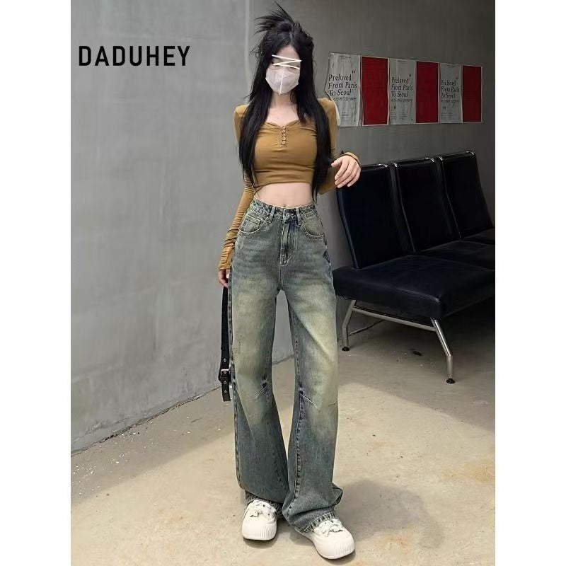 DaDuHey Summer Retro High Waist Loose and Slimming Draping Leisure Washed-out Distressed Wide Leg Jeans for Women