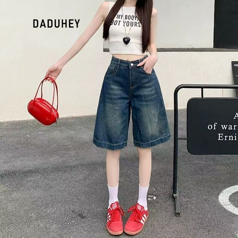 DADUHEY Wide-Leg High-Waist Denim Shorts Women | Retro