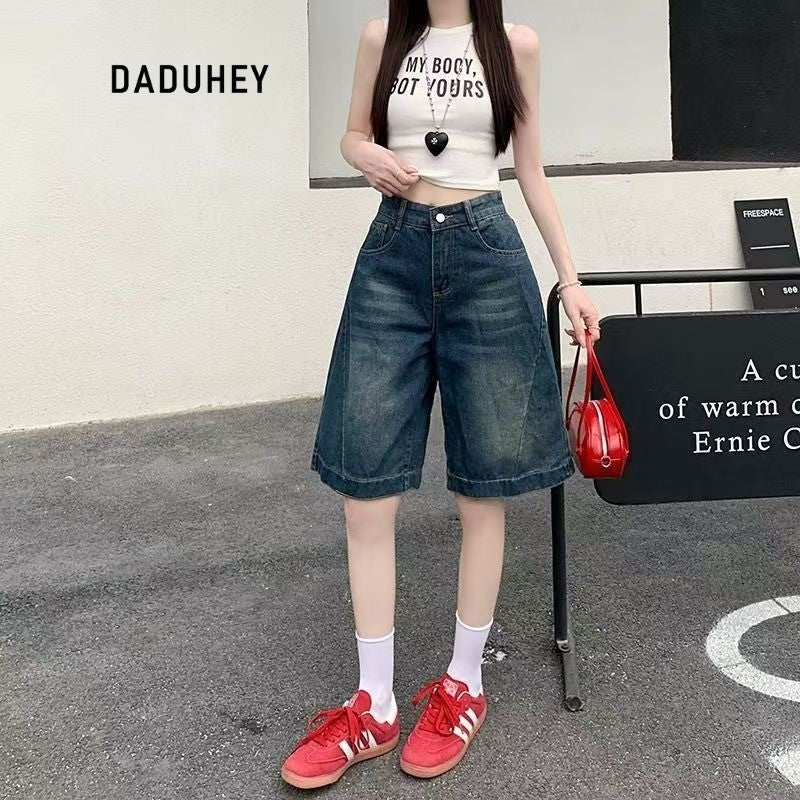 DADUHEY Wide-Leg High-Waist Denim Shorts Women | Retro