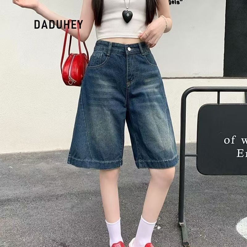 DADUHEY Wide-Leg High-Waist Denim Shorts Women | Retro