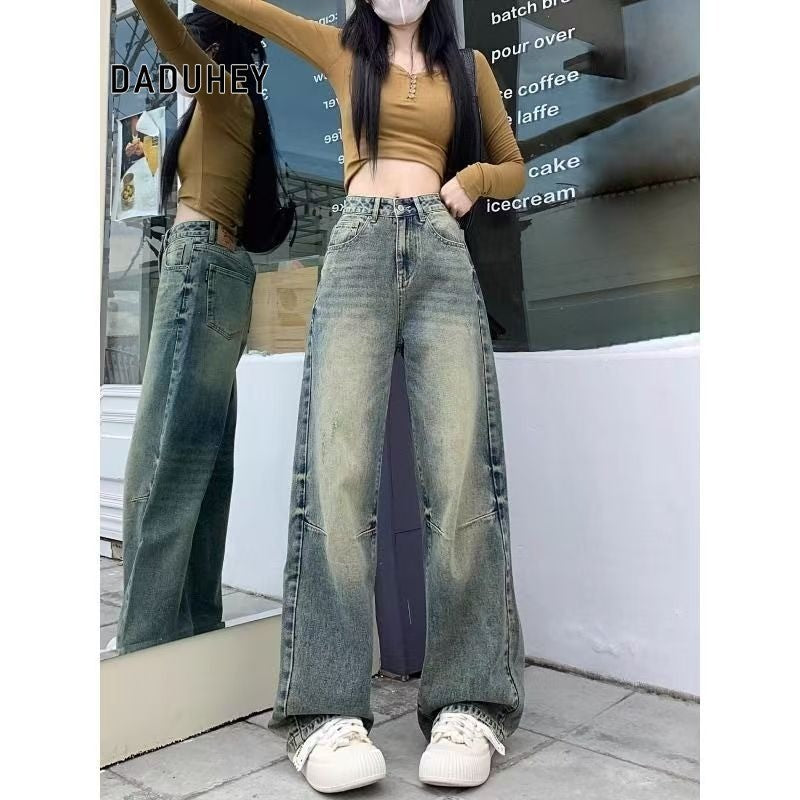 DaDuHey Summer Retro High Waist Loose and Slimming Draping Leisure Washed-out Distressed Wide Leg Jeans for Women