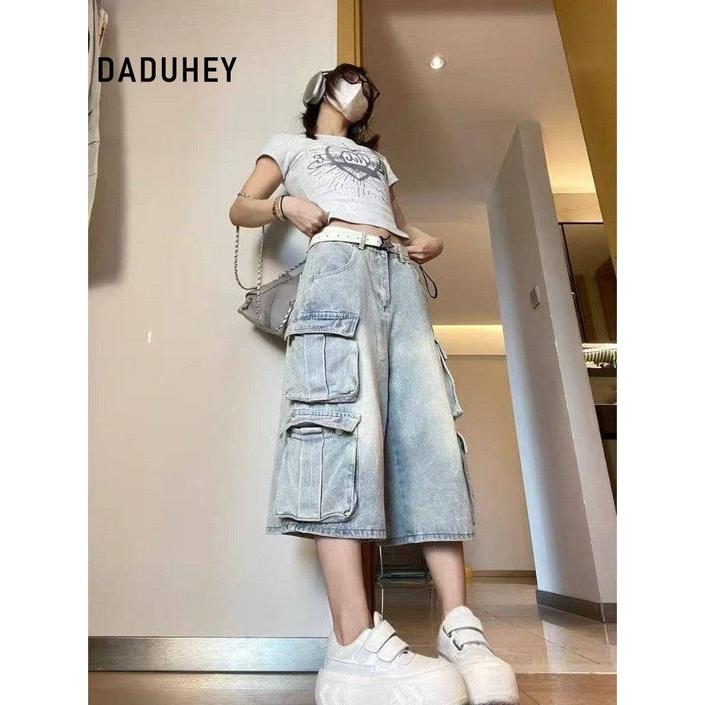 DaDuHey Plus Size American Men's and Women's Loose Slimming and Wide Leg Casual Multi-Pocket Workwear Cropped Pants