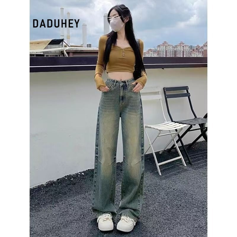 DaDuHey Summer Retro High Waist Loose and Slimming Draping Leisure Washed-out Distressed Wide Leg Jeans for Women