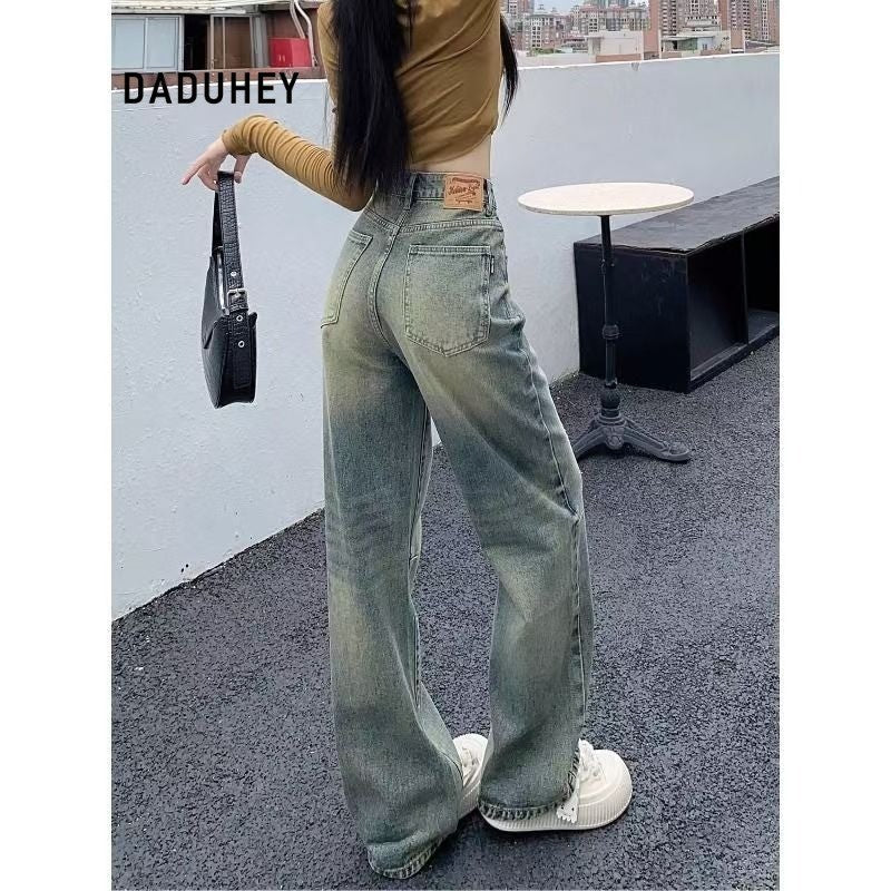 DaDuHey Summer Retro High Waist Loose and Slimming Draping Leisure Washed-out Distressed Wide Leg Jeans for Women
