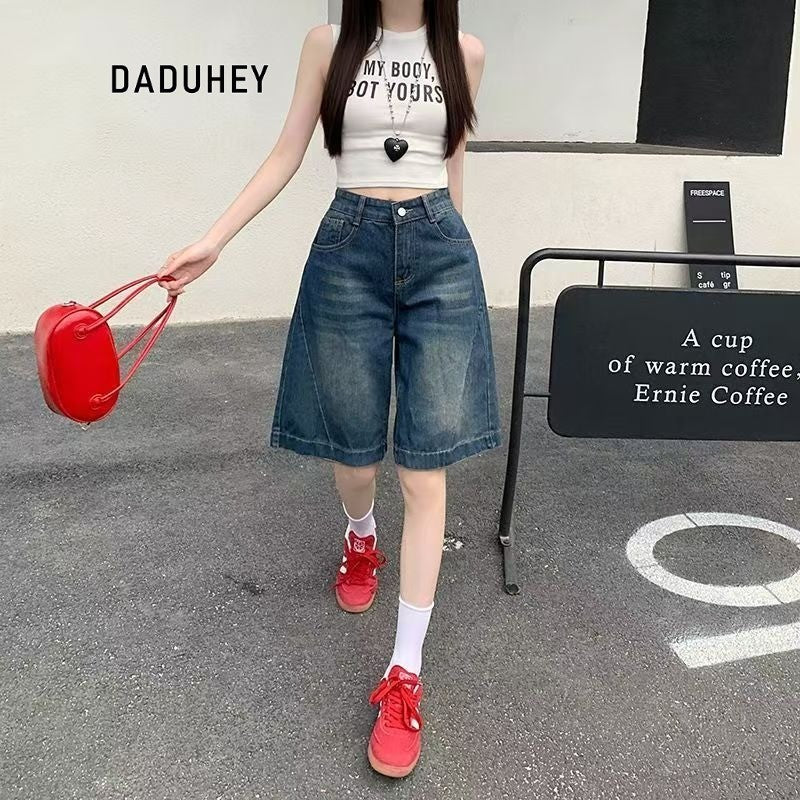 DADUHEY Wide-Leg High-Waist Denim Shorts Women | Retro