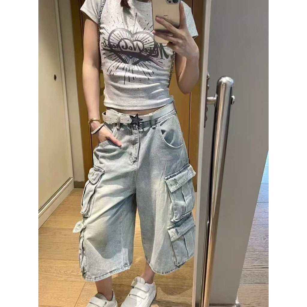 DaDuHey Plus Size American Men's and Women's Loose Slimming and Wide Leg Casual Multi-Pocket Workwear Cropped Pants