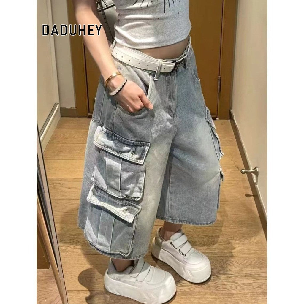 DaDuHey Plus Size American Men's and Women's Loose Slimming and Wide Leg Casual Multi-Pocket Workwear Cropped Pants