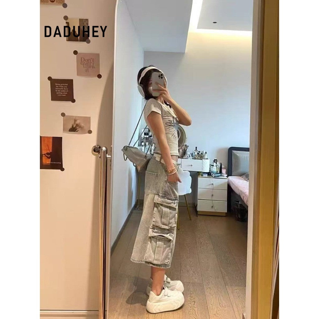 DaDuHey Plus Size American Men's and Women's Loose Slimming and Wide Leg Casual Multi-Pocket Workwear Cropped Pants