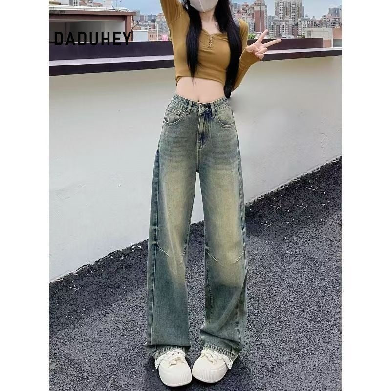 DaDuHey Summer Retro High Waist Loose and Slimming Draping Leisure Washed-out Distressed Wide Leg Jeans for Women