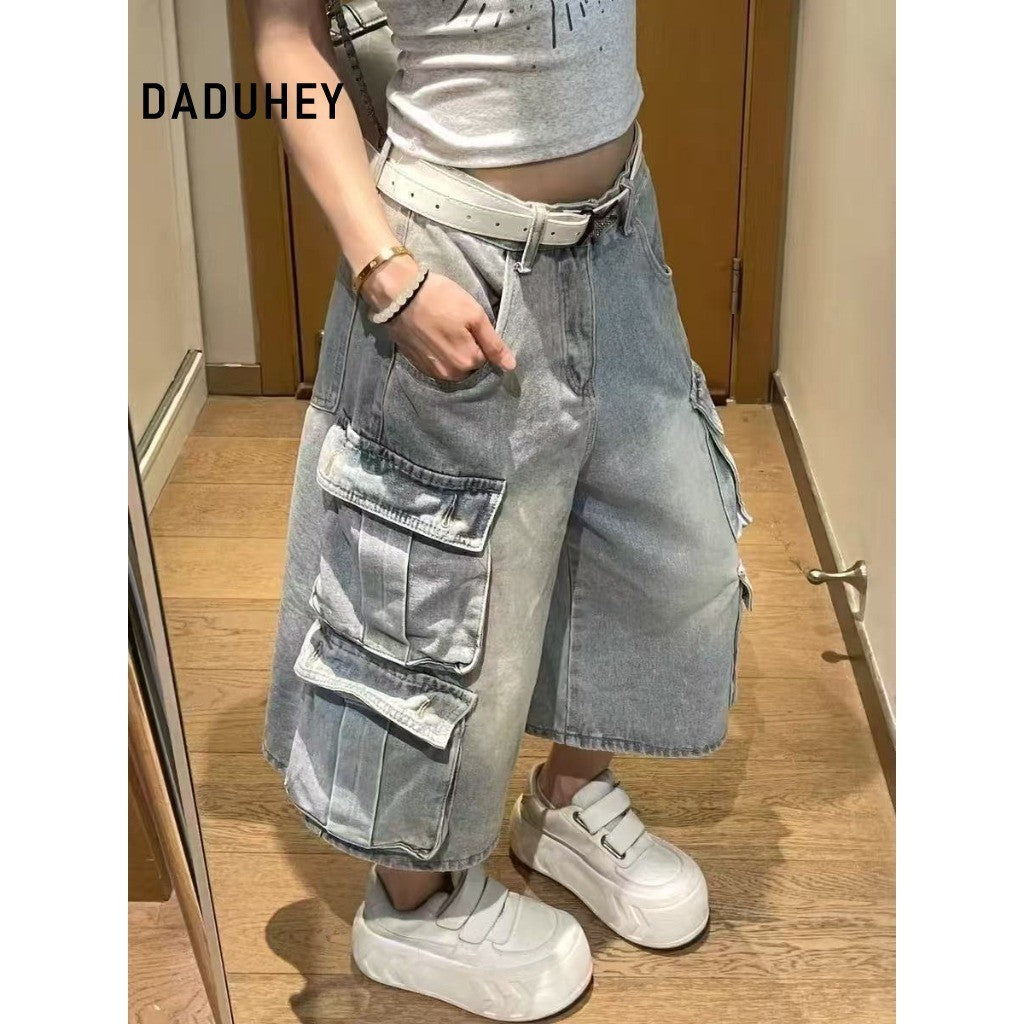 DaDuHey Plus Size American Men's and Women's Loose Slimming and Wide Leg Casual Multi-Pocket Workwear Cropped Pants