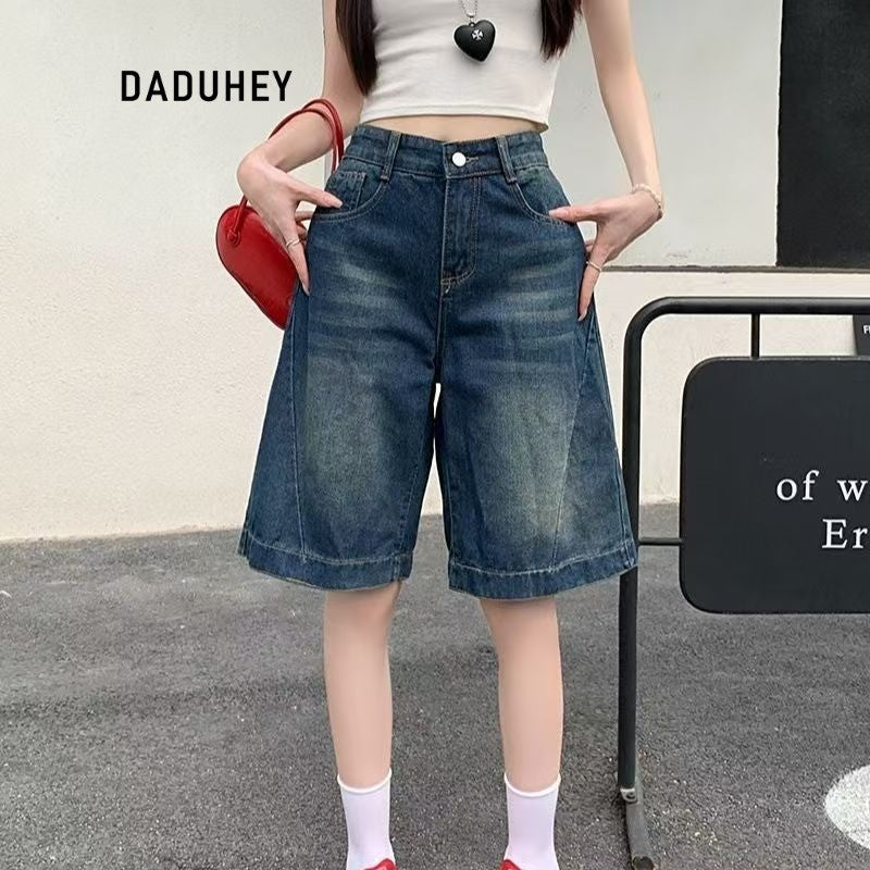 DADUHEY Wide-Leg High-Waist Denim Shorts Women | Retro