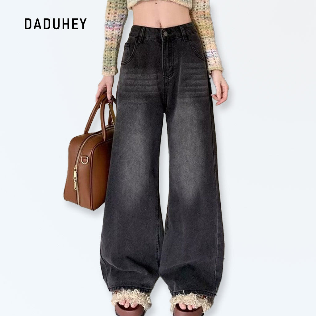 DaDuHey 1728 Black-Grey High-Waist Wide-Leg Straight Jeans