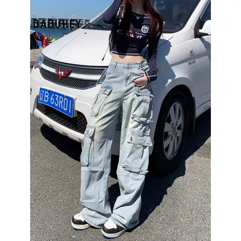 DADUHEY Blue Multi-Pocket Wide-Leg Cargo Pants Women | Low-Waist Denim