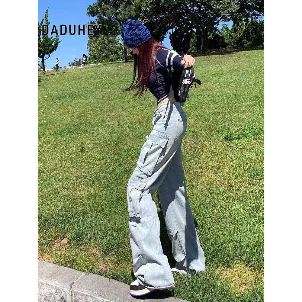 DADUHEY Blue Multi-Pocket Wide-Leg Cargo Pants Women | Low-Waist Denim