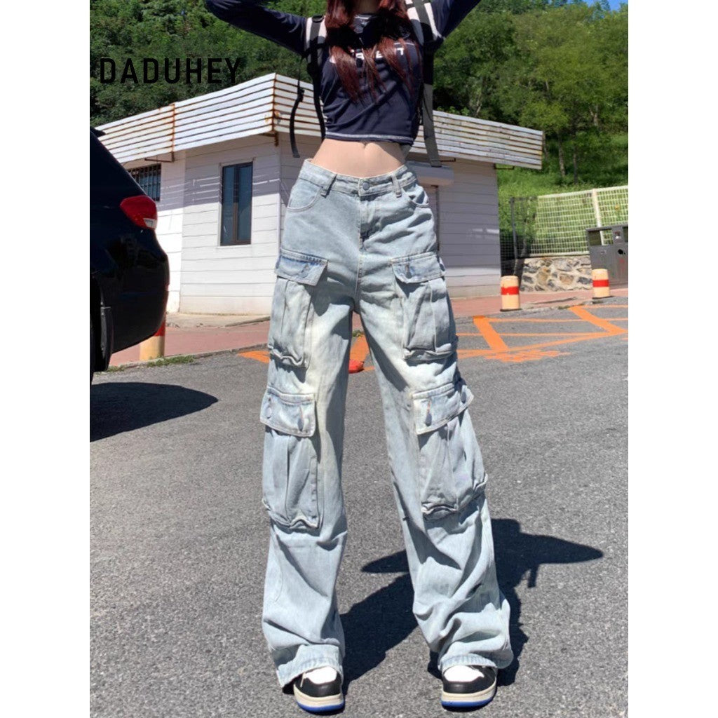 DADUHEY Blue Multi-Pocket Wide-Leg Cargo Pants Women | Low-Waist Denim