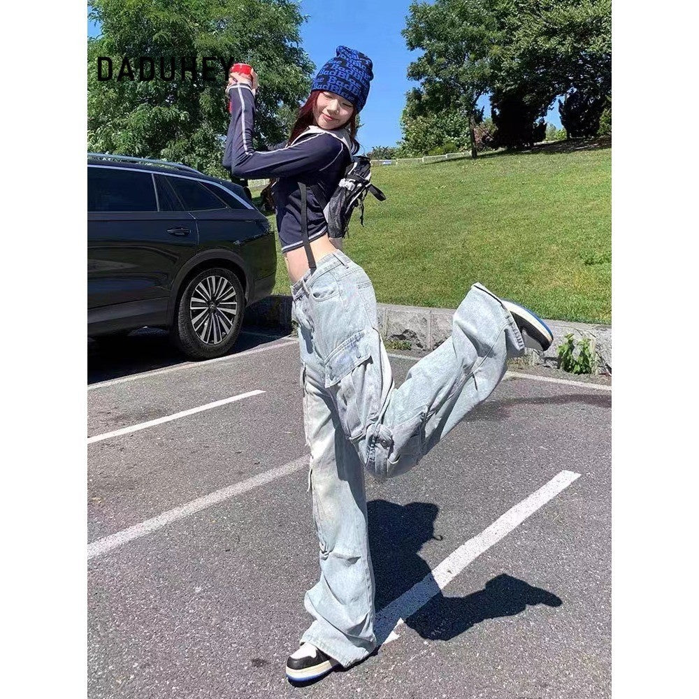 DADUHEY Blue Multi-Pocket Wide-Leg Cargo Pants Women | Low-Waist Denim