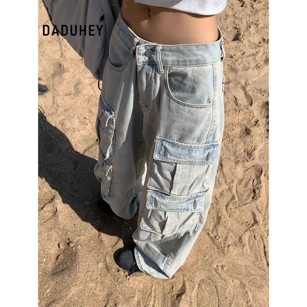 DADUHEY Blue Multi-Pocket Wide-Leg Cargo Pants Women | Low-Waist Denim